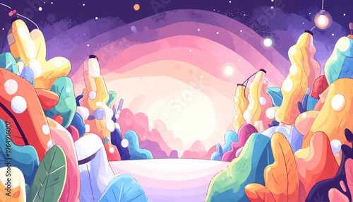 Vibrant illustration of a fantastical sunset over a colorful landscape with plants and stars.