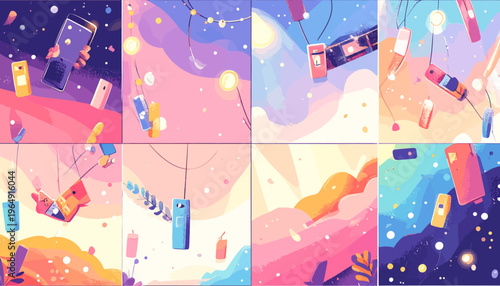 Vibrant lanterns hang in a starry night sky with abstract colorful landscapes