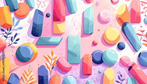 Vibrant geometric shapes and colorful objects scattered on a decorated surface with leaves and flowers.