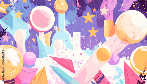 Vibrant abstract scene with geometric shapes and glowing orbs in space