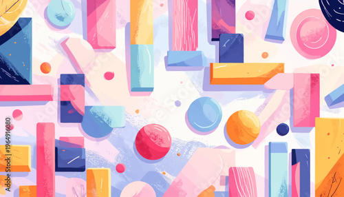 Vibrant geometric shapes float in a colorful abstract composition indoors.