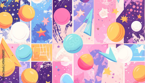 Vibrant geometric shapes and colorful objects fill the scene in a lively collage.