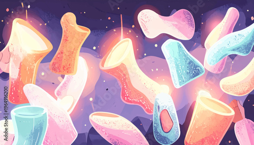 Glowing abstract shapes float in a dark fantasy environment with vibrant colors and unique forms.