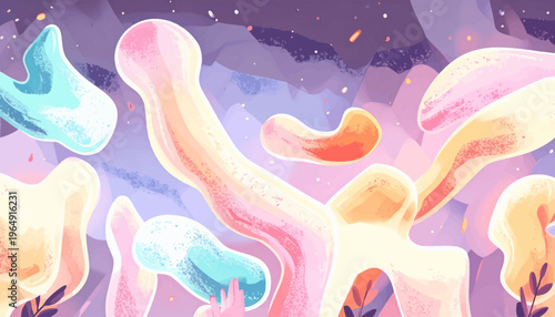 Vibrant abstract shapes float in a dreamy colorful landscape with swirling forms and plants.