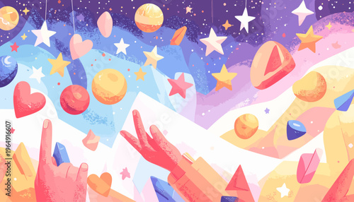 Vibrant illustration of hands releasing colorful shapes and symbols into a starry night sky filled with planets and hearts.