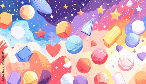 A vibrant illustration of various colorful shapes and symbols floating in a whimsical scene with geometric forms and abstract icons.