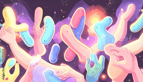 Vibrant Hands Reaching Upward in Space with Colorful Objects