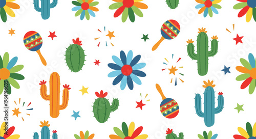 Mexican fiesta vector pattern with colorful cactus, maracas, and floral seamless background
