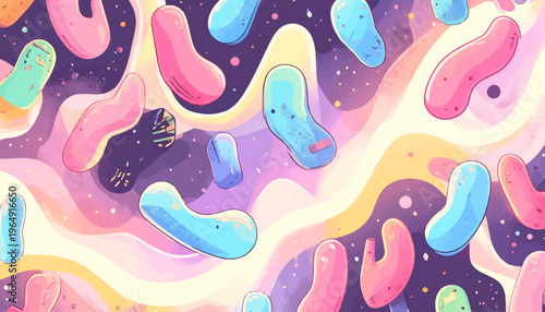 Vibrant colorful bacteria illustration fills the dark space with various shapes.