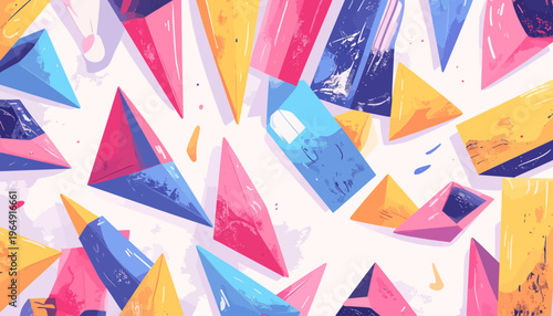 Vibrant abstract artwork featuring geometric shapes in various colors and sizes scattered across a white background.