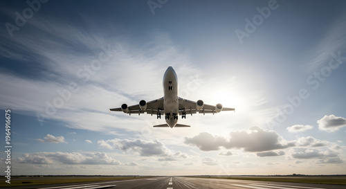 Commercial aircraft ascending above runway with soft clouds and blue sky