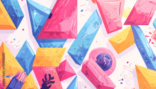 Vibrant geometric shapes and colorful abstract objects fill the frame.