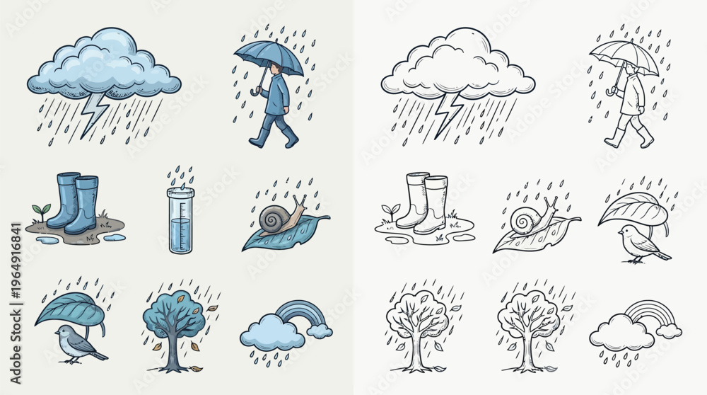 Fototapeta premium Collection of hand-drawn illustrations depicting various elements associated with rainy weather and nature.