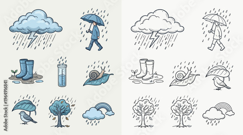 Collection of hand-drawn illustrations depicting various elements associated with rainy weather and nature.