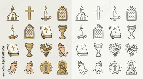 Collection of religious symbols and icons, including churches, crosses, candles, Bibles, chalices, grapes, praying hands, and figures of saints, presented in both colored and line-art versions.