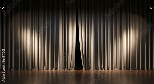 Dramatic stage curtains parting, illuminated by spotlights on the scene