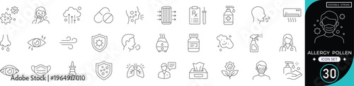 Pollen allergy line icon set featuring pollen, sneezing, runny nose, itchy eyes, flower, tree, seasonal allergy, medicine, mask and tissues. editable stroke vector set.