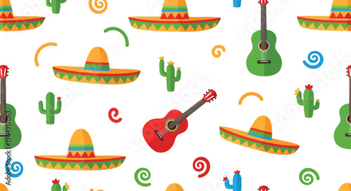 Mexican fiesta vector pattern with sombreros, guitars, cactus and festive elements seamless background