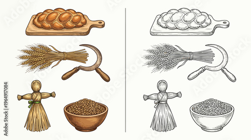 Collection of traditional harvest symbols including bread, wheat, sickle, straw doll, and grains, presented in both color and monochrome.