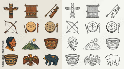 Collection of Native American cultural symbols and elements, including totem poles, bows and arrows, traditional clothing, and wildlife.