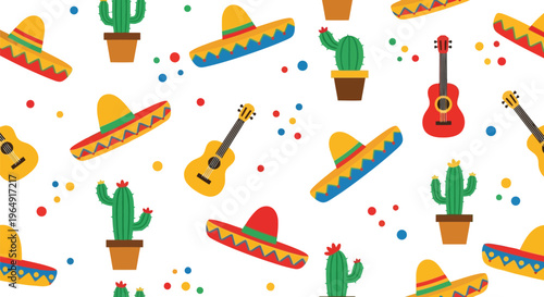 Mexican fiesta vector pattern with sombrero, cactus, guitar and confetti seamless background