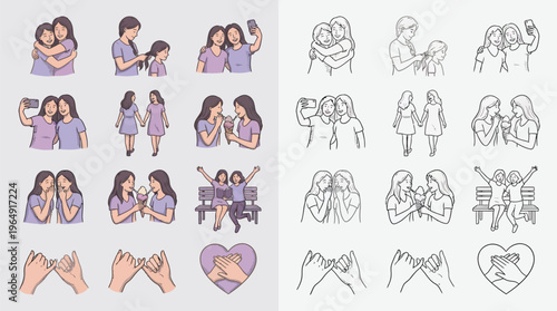 Collection of illustrations depicting friendship, including hugging, taking selfies, sharing ice cream, and making pinky promises.