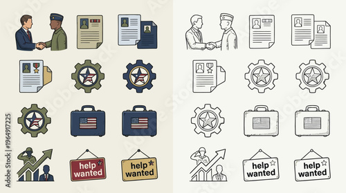 A collection of icons representing career transition, job seeking, and military to civilian employment opportunities.