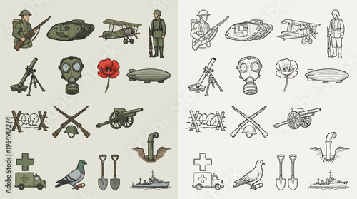 Collection of World War I military icons and symbols, presented in both color and monochrome versions.