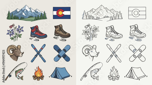 Collection of Colorado outdoor adventure and nature icons, including mountains, flag, hiking boots, skis, snowboard, fishing gear, campfire, and tent.