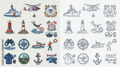 Foto Collection of US Coast Guard and maritime-themed illustrations including ships, helicopters, lighthouses, and personnel