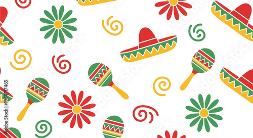 Mexican Fiesta Vector Pattern with Sombrero, Maracas, Flowers and Swirls Seamless Design