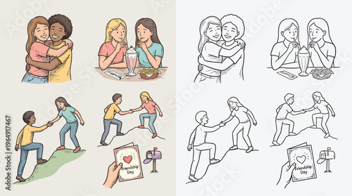 Illustrations depicting friendship, support, and connection between diverse individuals, including hugs, sharing meals, and helping each other.