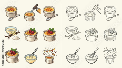 A step-by-step illustration showing the process of making crème brûlée, from caramelizing the sugar to garnishing the dessert.
