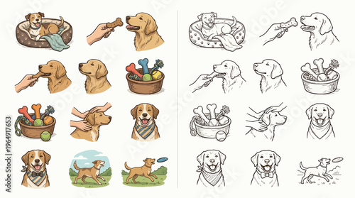 Collection of illustrations depicting dogs in various playful and domestic settings, including training, playing with toys, and resting in beds.
