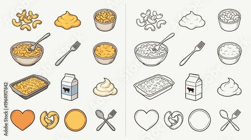 A collection of isometric illustrations depicting various forms of macaroni and cheese, including ingredients and serving dishes.