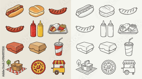 A collection of colorful and black and white isometric illustrations of fast food items and related accessories.