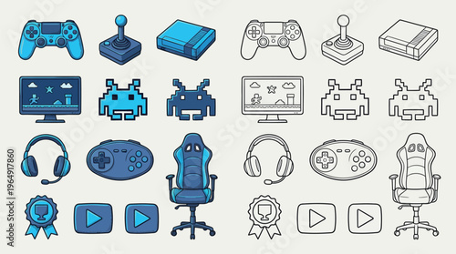 A collection of colorful and outline illustrations of gaming equipment and retro video game characters.