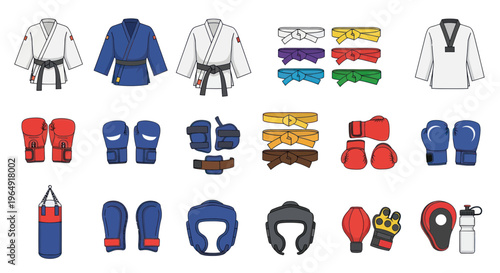 Martial Arts Gear Collection: Uniforms, Belts, Gloves, Headgear, and Punching Bag