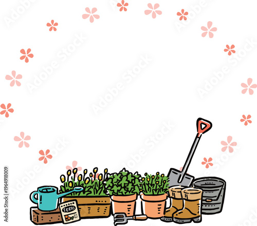 ガーデニングと花の手描き風シンプル フレームイラスト