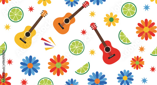Colorful guitar and flower vector pattern with citrus slices for festive summer backgrounds