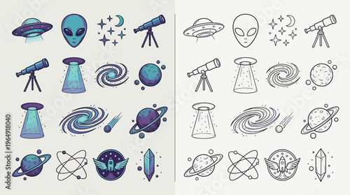 Collection of colorful and monochrome space-themed icons including UFOs, aliens, planets, galaxies, and telescopes.
