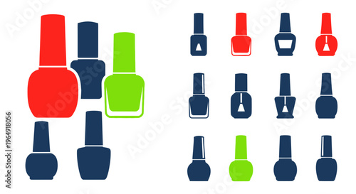 Nail Polish Bottles Collection, Red, Blue, Green Colors, Fashion Beauty Icons