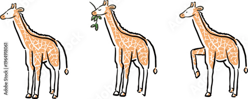 
シンプルな手描き風キリンのイラストセット
