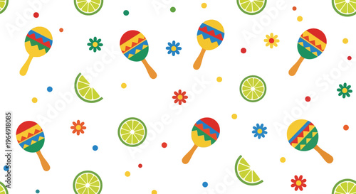 Festive maracas and lime slices seamless vector pattern for Cinco de Mayo celebration designs