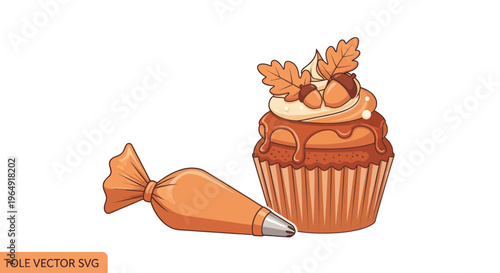 Autumn cupcake with caramel drizzle and fall leaves decoration, with piping bag