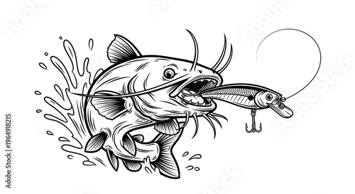 Aggressive Catfish Leaping from Water to Strike Fishing Lure, Dynamic Black and White Illustration