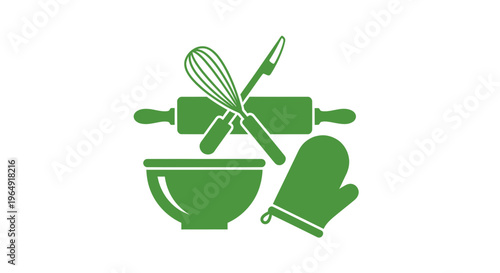 Baking Utensils Icon Set: Whisk, Rolling Pin, Bowl, Oven Mitt, Knife