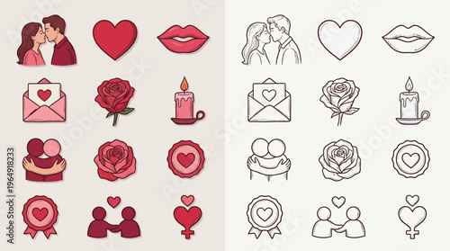 A collection of romantic icons depicting couples, hearts, roses, and love symbols, presented in both colored and outline styles.