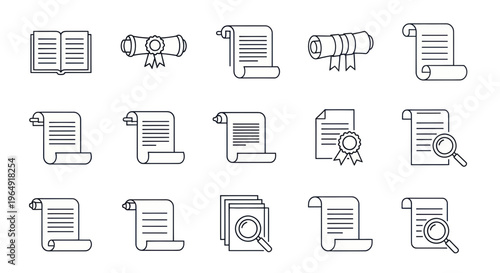 Collection of Document Icons: Open Book, Scroll, Certificate, Magnifying Glass