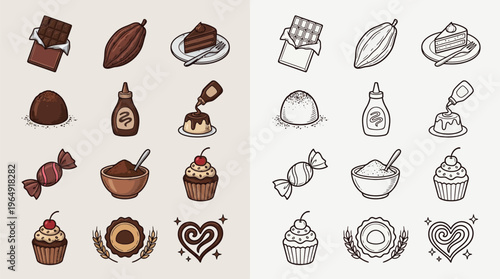 A collection of hand-drawn chocolate-themed icons, presented in both color and monochrome versions, featuring various sweets and ingredients.